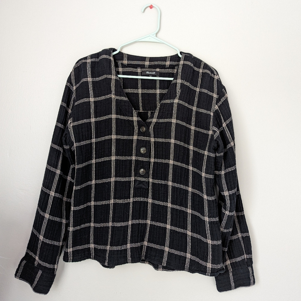Madewell lightspun evert top in windowpane black flannel v neck size M medium